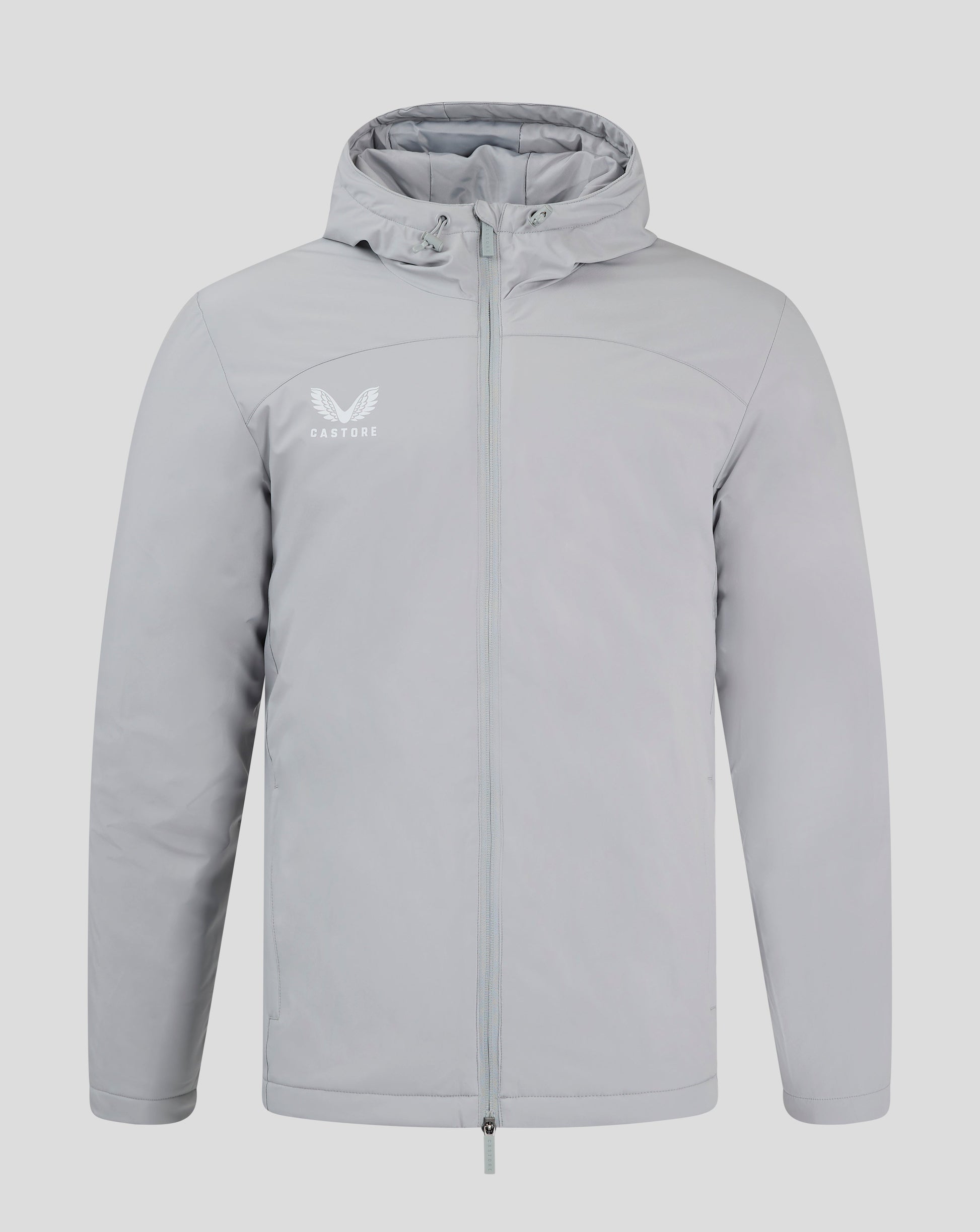 Front view of light gray Mens Bench Jacket with hood up full zip and Castore logo on left chest