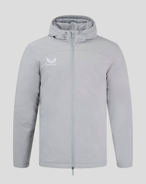 Front view of light gray Mens Bench Jacket with hood up full zip and Castore logo on left chest