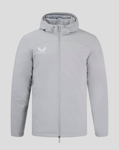 Front view of light gray Mens Bench Jacket with hood up full zip and Castore logo on left chest
