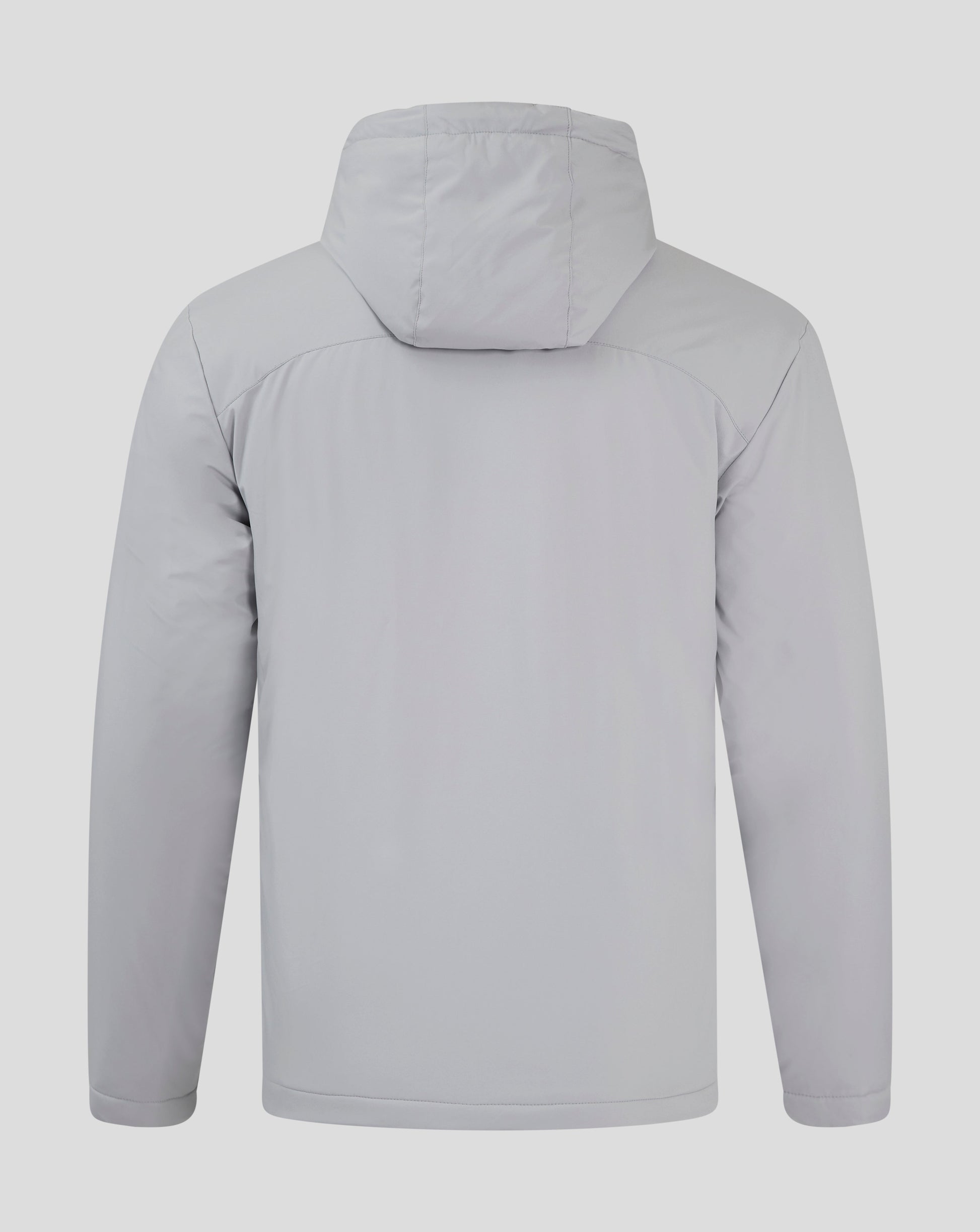 Rear view of light gray Bench Jacket with hood down showing clean shoulder seams