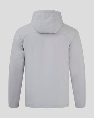 Rear view of light gray Bench Jacket with hood down showing clean shoulder seams