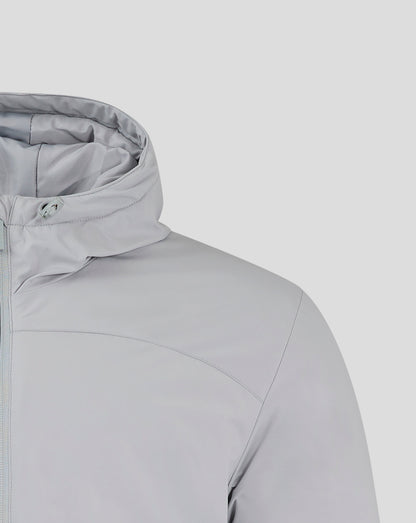 Close up of light gray padded hooded jacket focusing on the hood and collar area