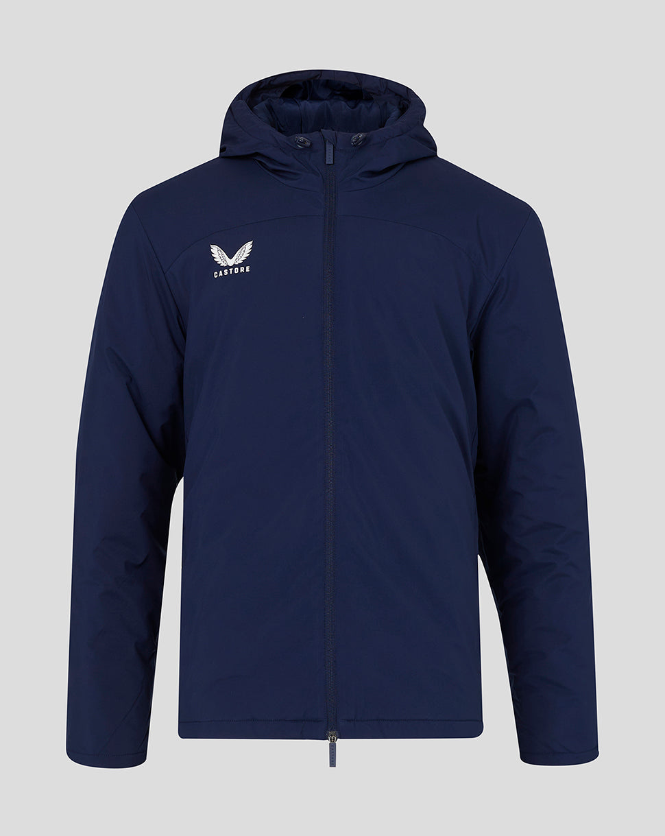 Navy mens bench jacket with hood front view showing Castore logo on left chest and full zipper