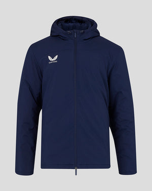 Navy mens bench jacket with hood front view showing Castore logo on left chest and full zipper