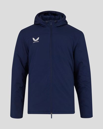 Navy mens bench jacket with hood front view showing Castore logo on left chest and full zipper