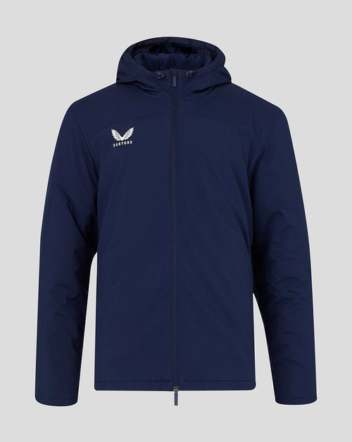 Navy mens bench jacket with hood front view showing Castore logo on left chest and full zipper