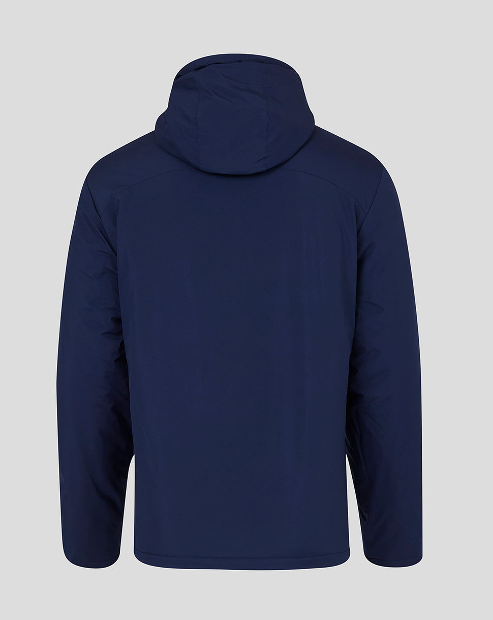Rear view of navy mens bench jacket with hood showing a clean back silhouette