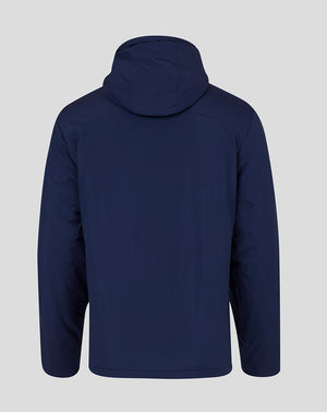 Rear view of navy mens bench jacket with hood showing a clean back silhouette
