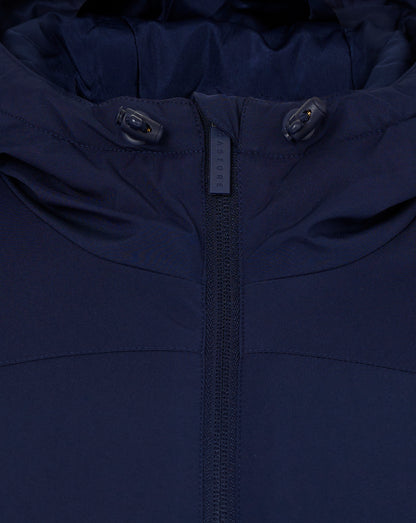 Close up of navy blue hooded jacket with hood toggle cords and center zipper