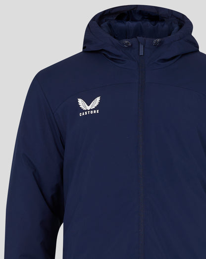 Navy blue jacket front with central zipper and seam details