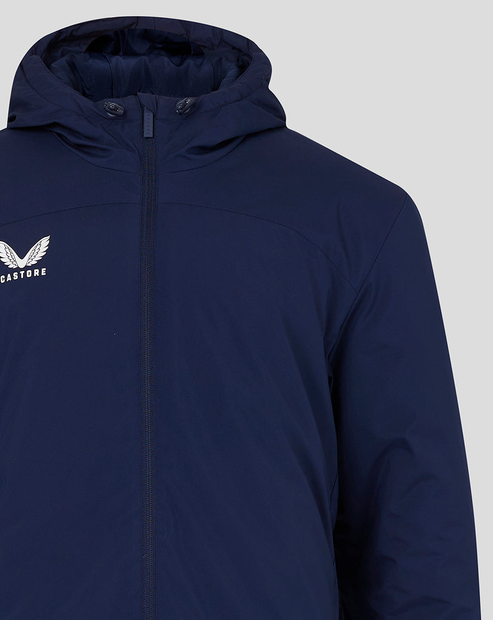 Navy blue hooded bench jacket with front zip and Castore logo on the chest