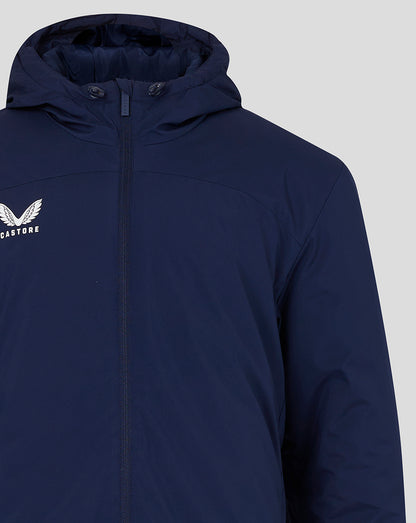 Navy blue hooded bench jacket with front zip and Castore logo on the chest