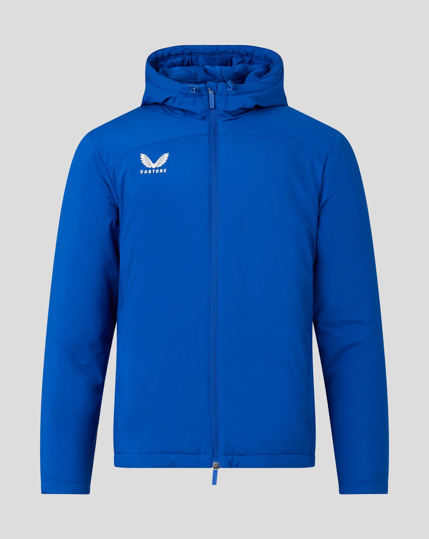 Front view of a blue padded Bench Jacket with hood and full zipper, Castore logo on the chest