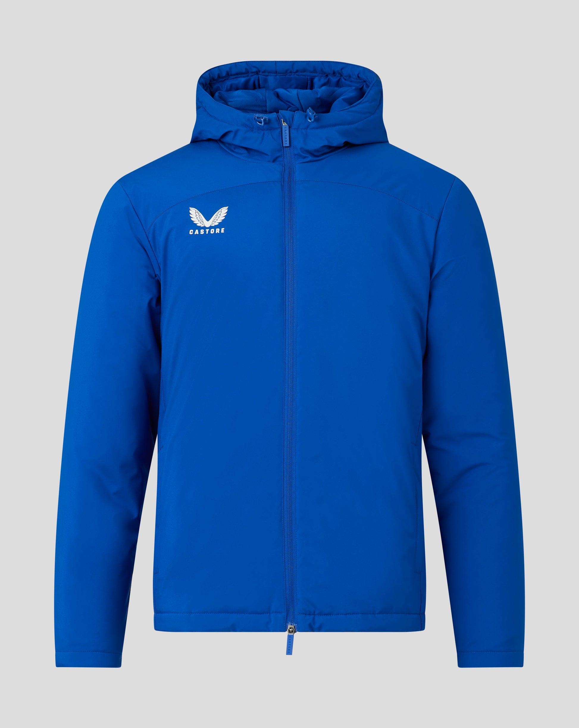 Front view of a blue padded Bench Jacket with hood and full zipper, Castore logo on the chest
