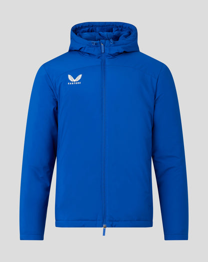 Front view of a blue padded Bench Jacket with hood and full zipper, Castore logo on the chest