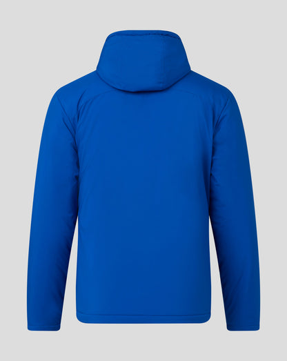 Back view of blue hooded Bench Jacket showing the hood and smooth seams
