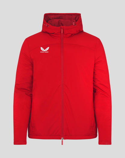 Red hooded Mens Bench Jacket with full zip and Castore logo on the chest