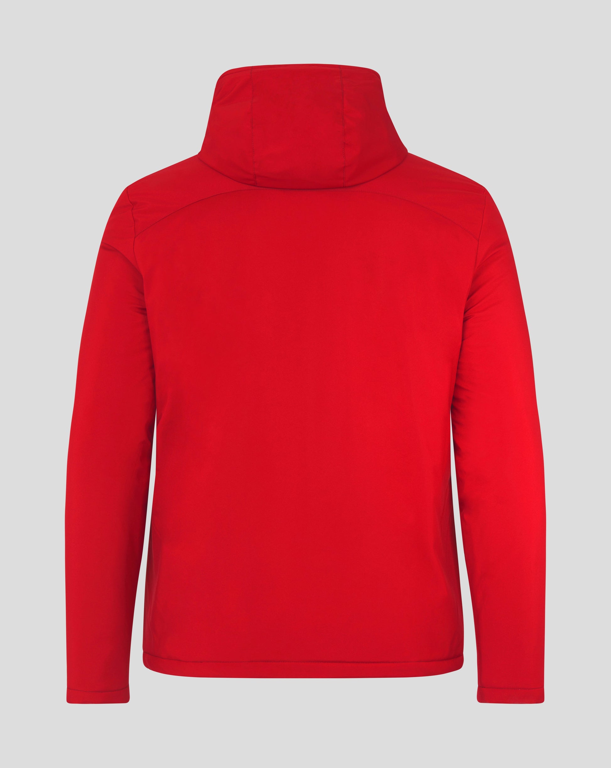 Back view of red Mens Bench Jacket with hood