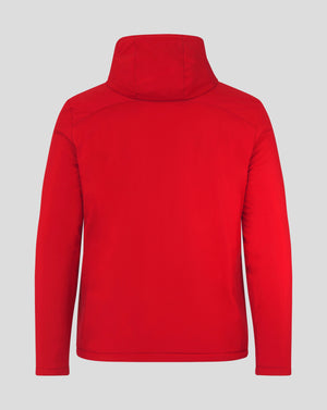 Back view of red Mens Bench Jacket with hood