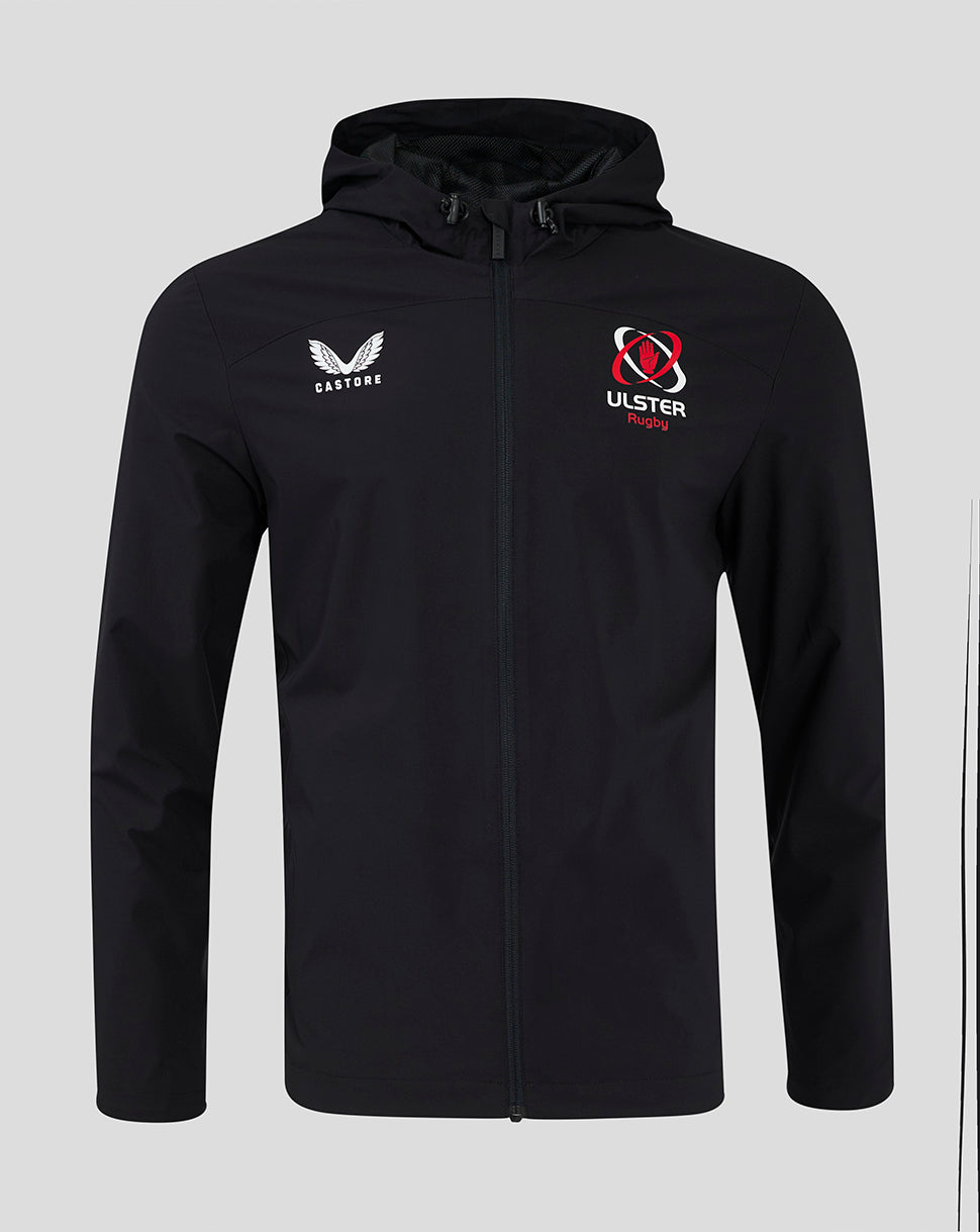 Black Ulster Rugby rain jacket with hood and full front zip; heatsealed logos on the chest