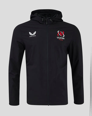 Black Ulster Rugby rain jacket with hood and full front zip; heatsealed logos on the chest