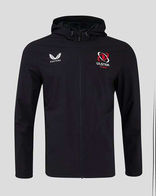 Black Ulster Rugby rain jacket with hood and full front zip; heatsealed logos on the chest
