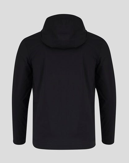 Back view of black Ulster rain jacket with hood
