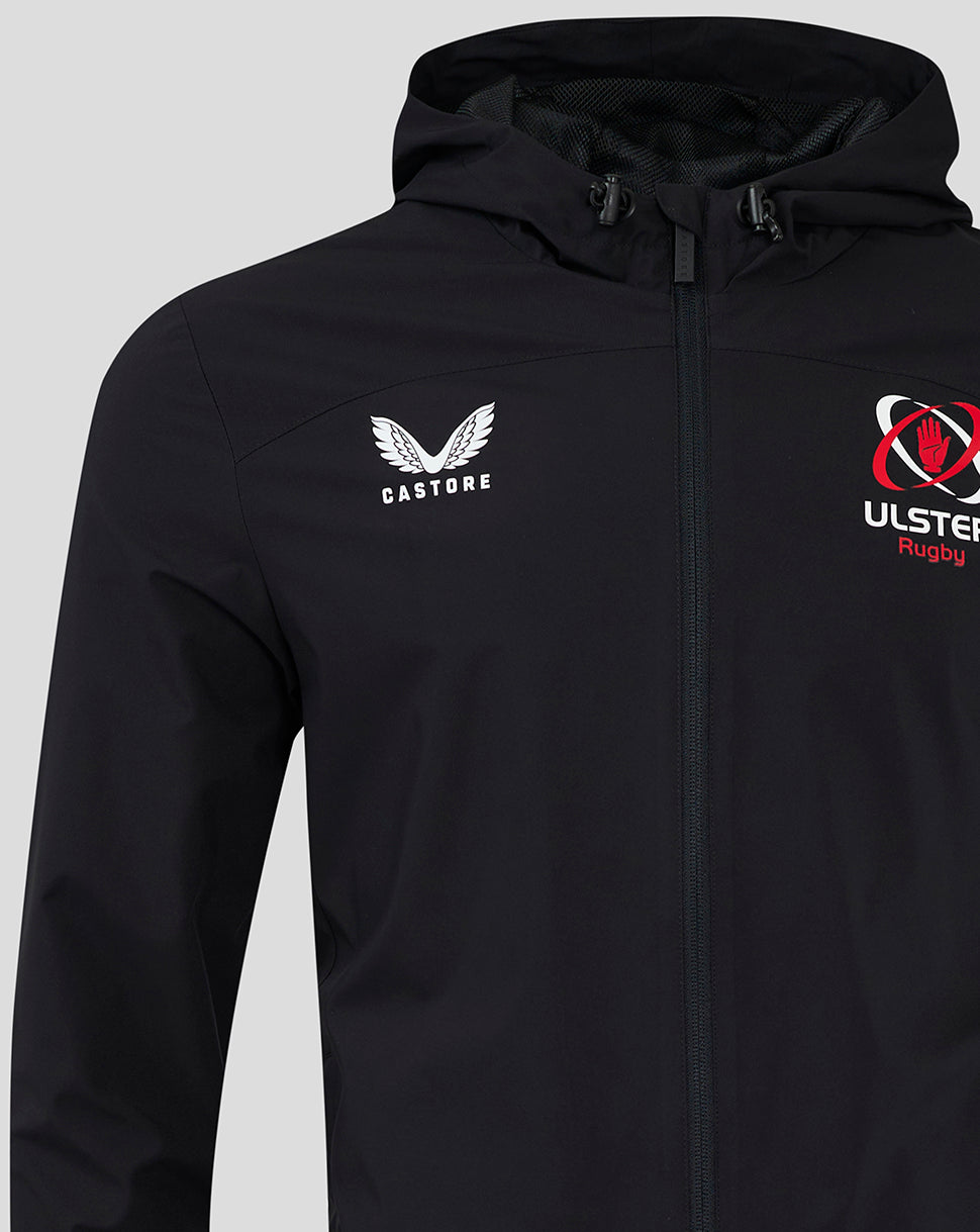 Close up of upper chest on black rain jacket with Castore logo and Ulster Rugby crest under the hood