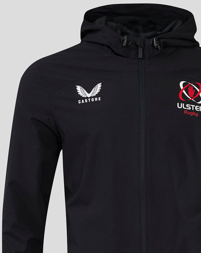 Close up of upper chest on black rain jacket with Castore logo and Ulster Rugby crest under the hood