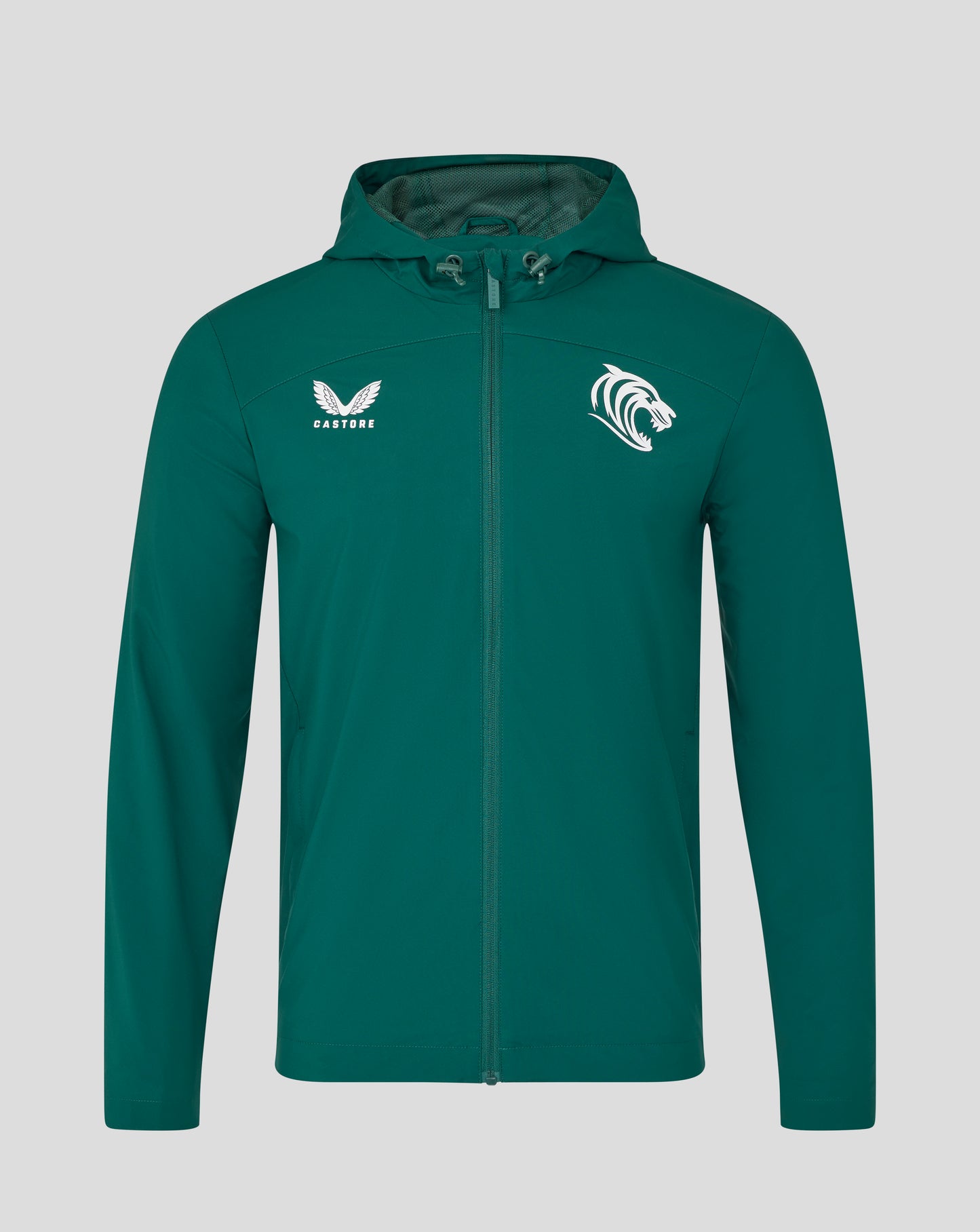 Leicester Tigers training rain jacket in botanical garden green front with hood and white Castore wing logo on left chest and tiger crest on right