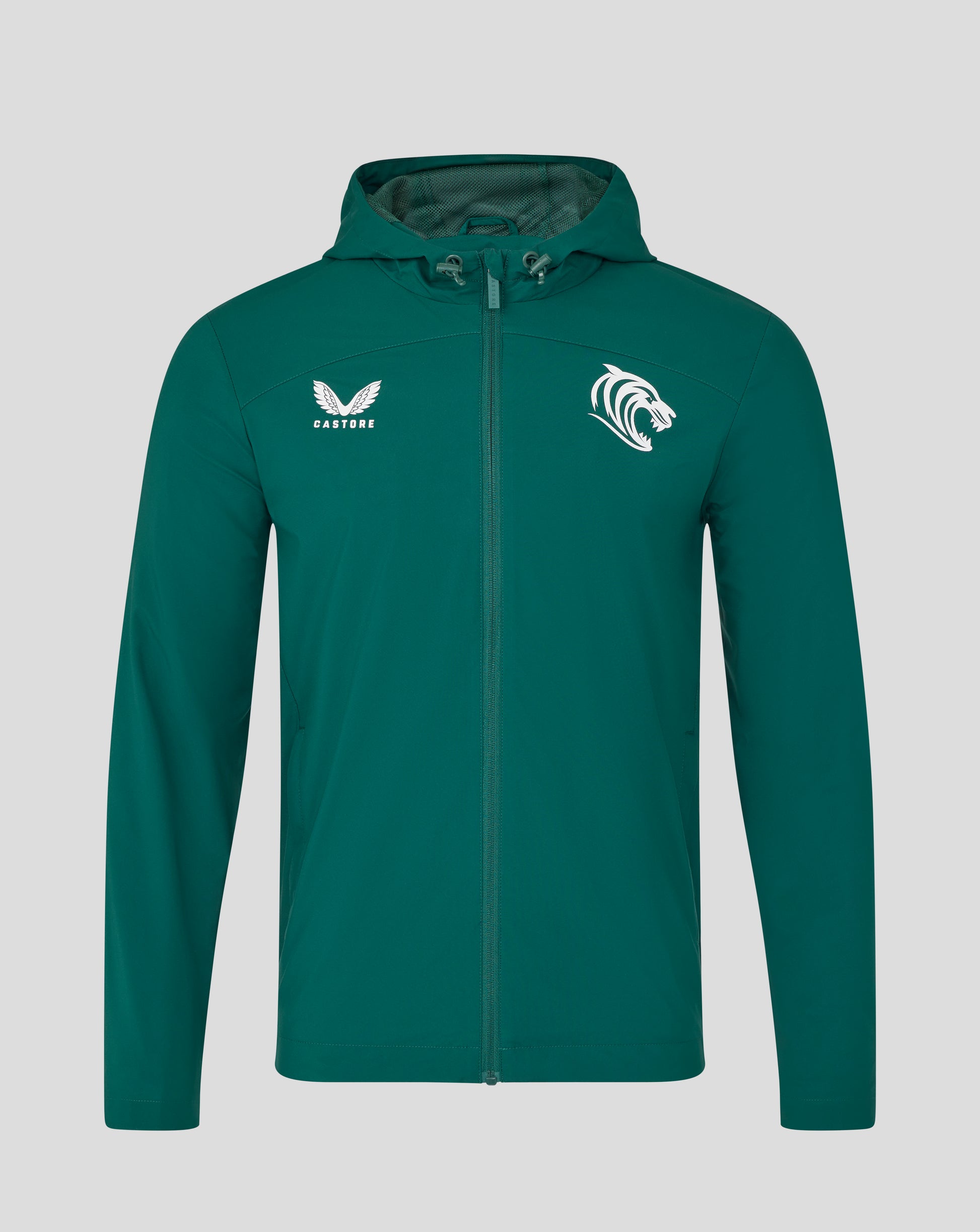 Leicester Tigers training rain jacket in botanical garden green front with hood and white Castore wing logo on left chest and tiger crest on right