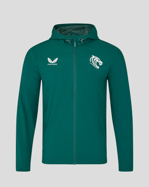 Leicester Tigers training rain jacket in botanical garden green front with hood and white Castore wing logo on left chest and tiger crest on right