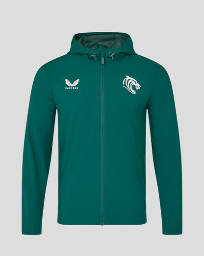 Leicester Tigers training rain jacket in botanical garden green front with hood and white Castore wing logo on left chest and tiger crest on right