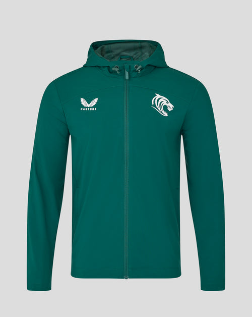 Leicester Tigers training rain jacket in botanical garden green front with hood and white Castore wing logo on left chest and tiger crest on right