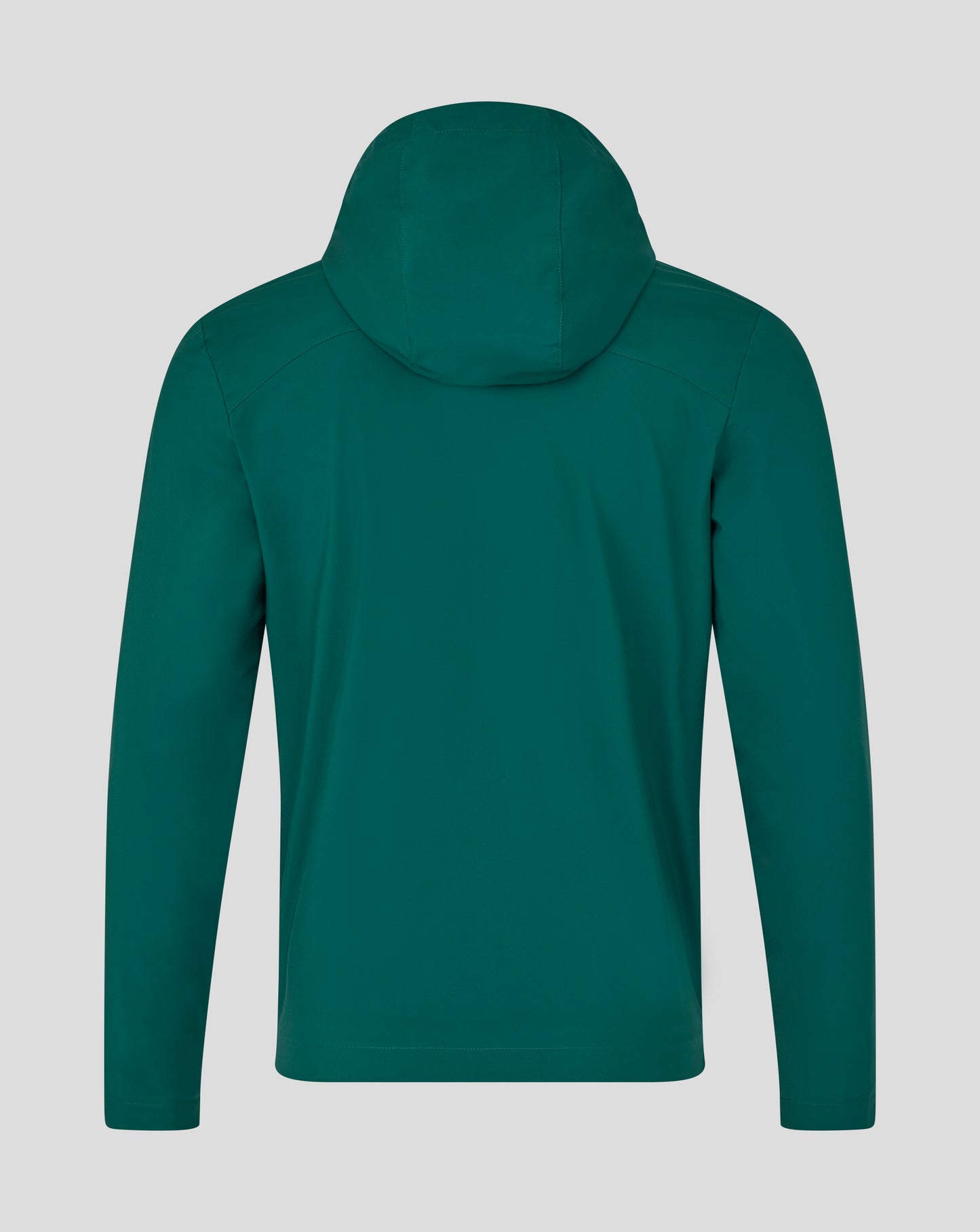 Back view of botanical garden green Leicester Tigers training rain jacket with hood and visible mesh lining