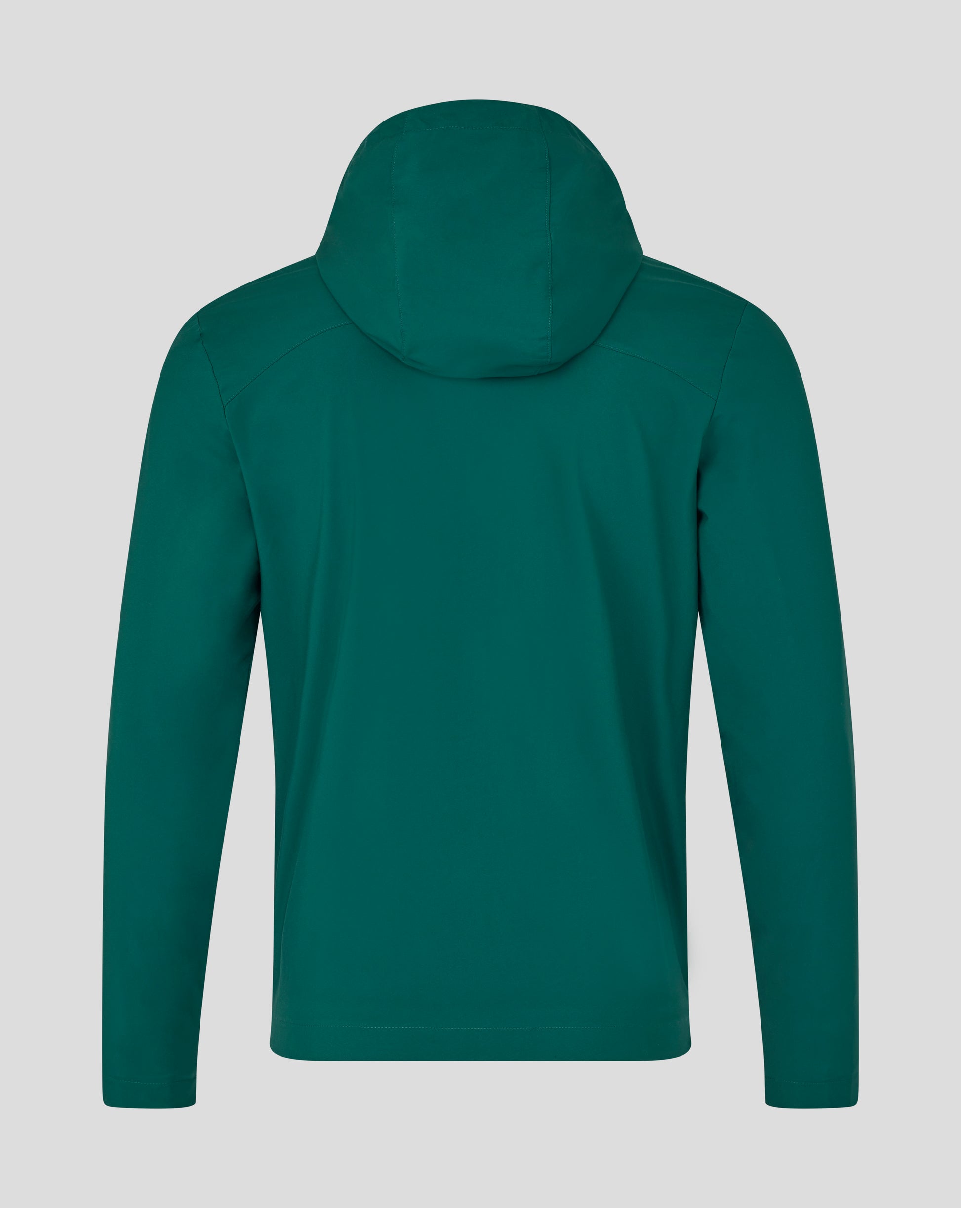 Back view of botanical garden green Leicester Tigers training rain jacket with hood and visible mesh lining