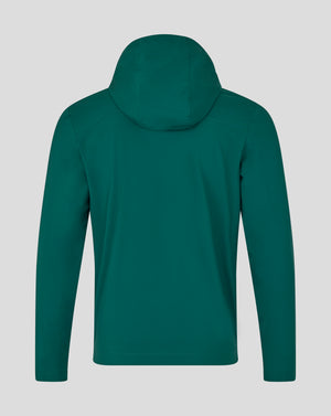 Back view of botanical garden green Leicester Tigers training rain jacket with hood and visible mesh lining