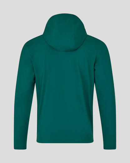 Back view of botanical garden green Leicester Tigers training rain jacket with hood and visible mesh lining
