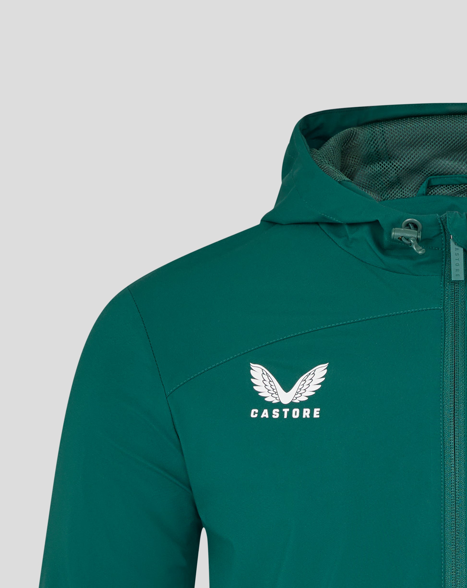 Front close up of botanical garden green jacket with zipper and Castore wing logo on the chest