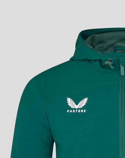 Front close up of botanical garden green jacket with zipper and Castore wing logo on the chest