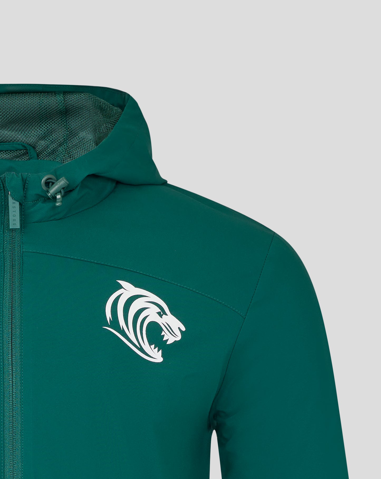 Leicester Tigers training rain jacket in botanical garden teal with hood mesh inner lining and white tiger crest