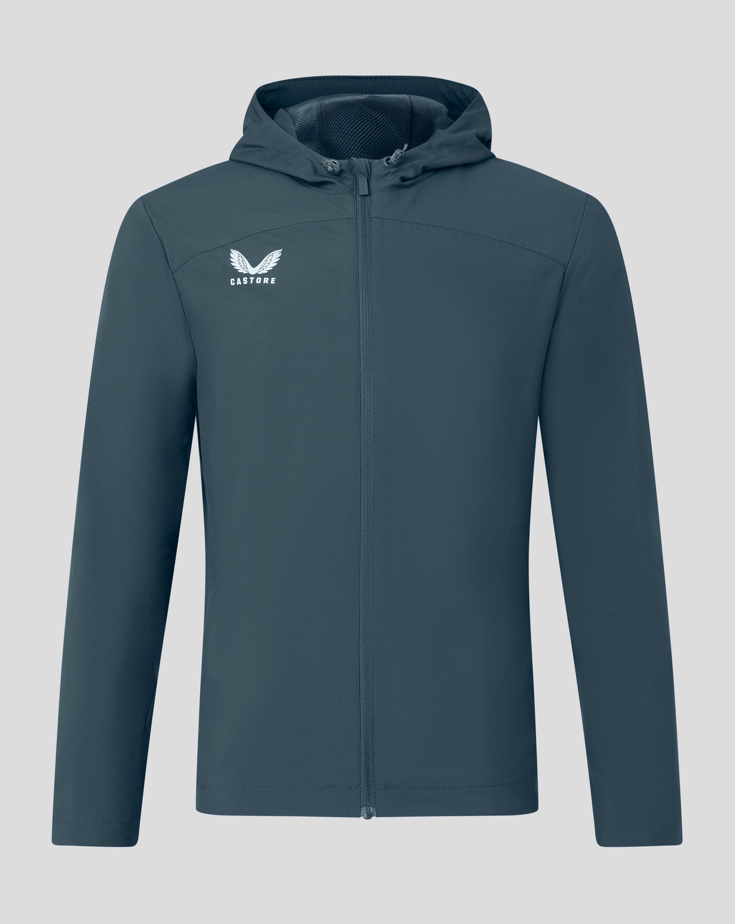 Dark Slate men's rain jacket with hood seen from the front and Castore logo on left chest.