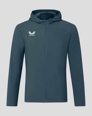 Dark Slate men's rain jacket with hood seen from the front and Castore logo on left chest.