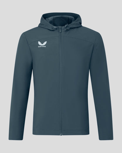Dark Slate men's rain jacket with hood seen from the front and Castore logo on left chest.