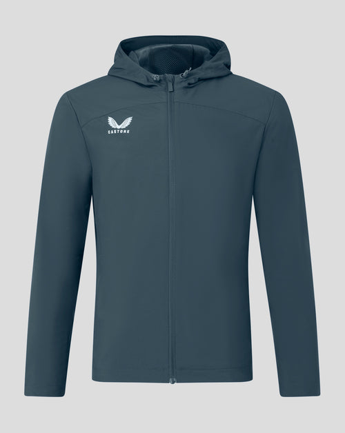 Dark Slate men's rain jacket with hood seen from the front and Castore logo on left chest.