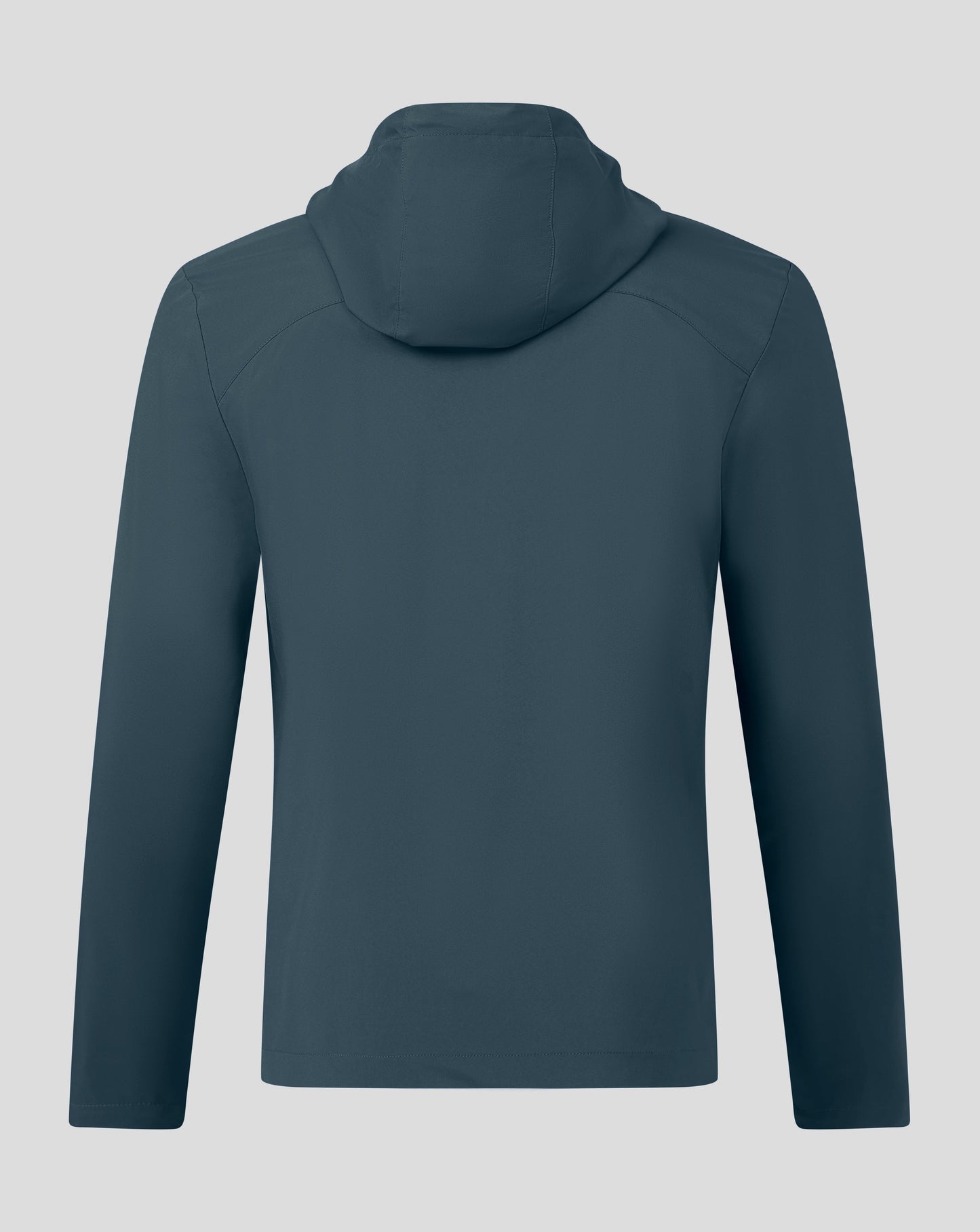 Rear view of dark slate rain jacket with hood.