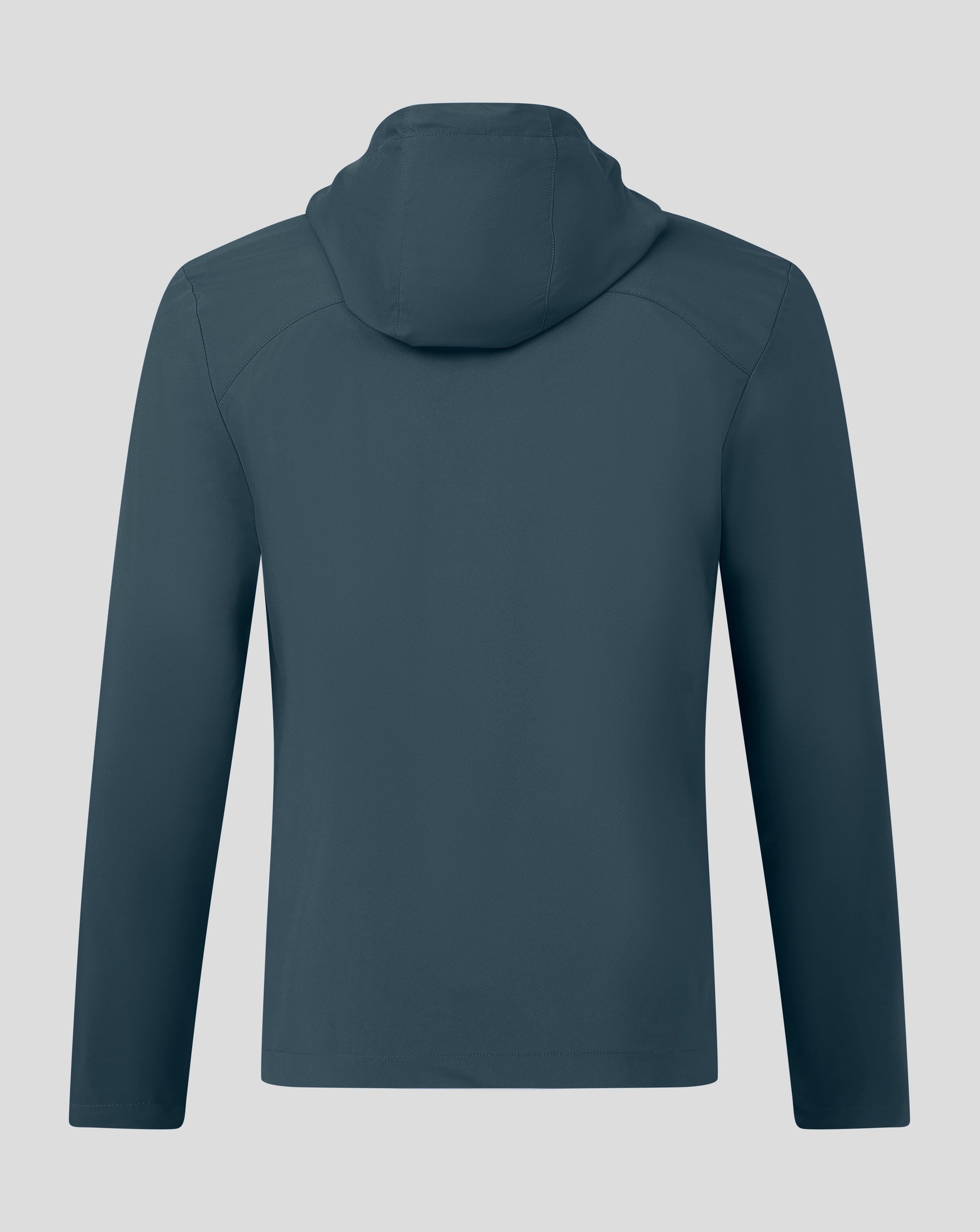 Rear view of dark slate rain jacket with hood.