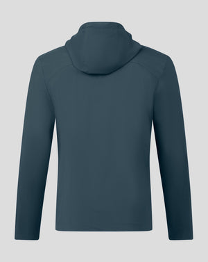 Rear view of dark slate rain jacket with hood.