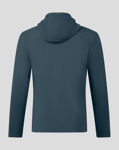 Rear view of dark slate rain jacket with hood.