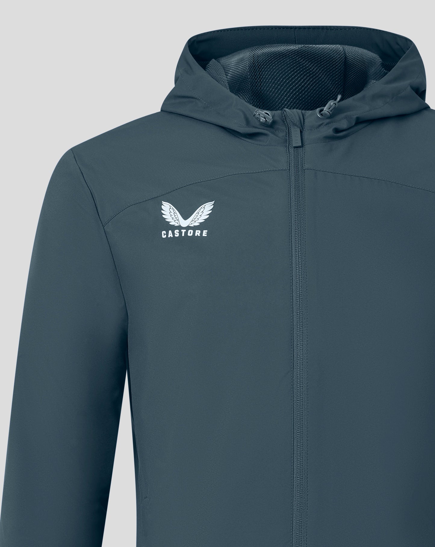 Dark slate rain jacket close up of hood and center zipper with Castore logo on chest